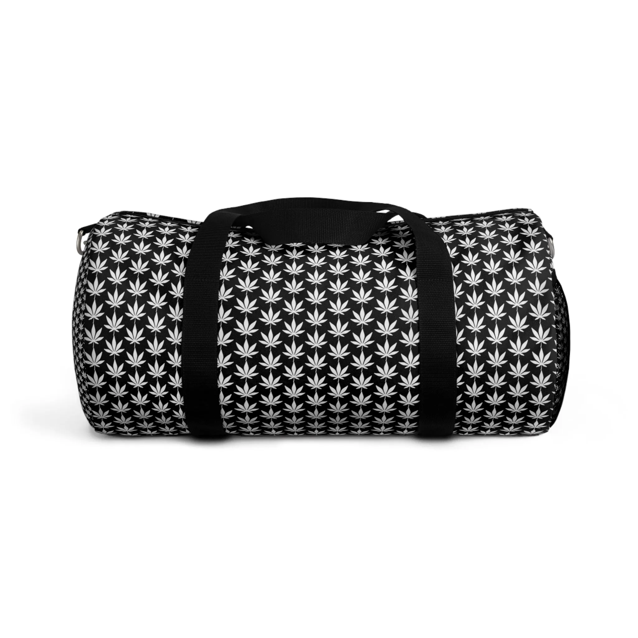 White Cannabis Leaf Black Duffel Bag