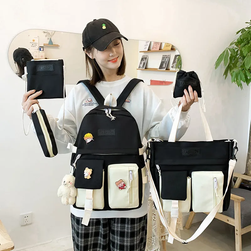 Women's College Korean Contrast Color Canvas For Junior Backpacks