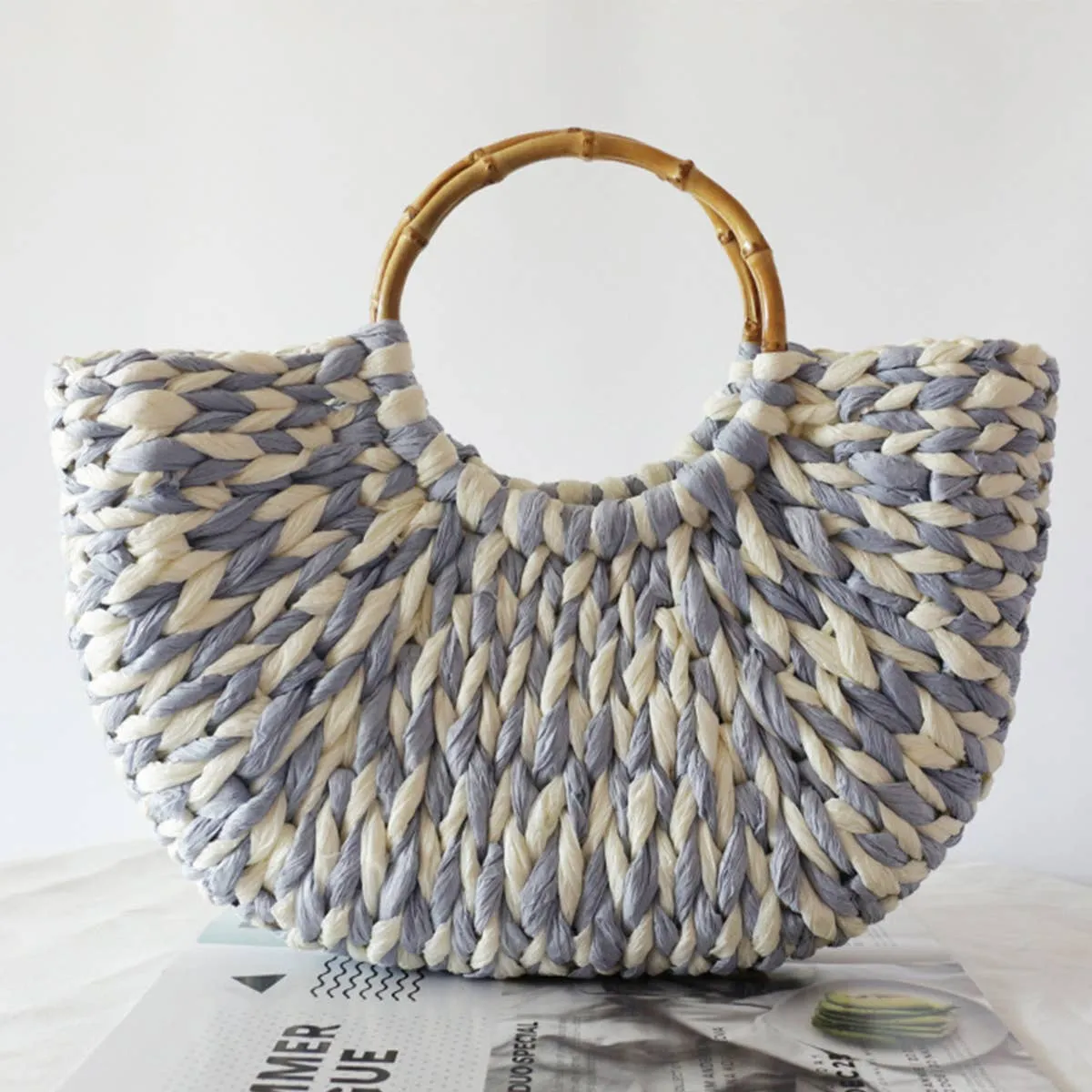 WOMENS SUMMER LARGE STRAW BEACH TOTE BAG_CWAB0815: BLUEWHITE / (OS) 1