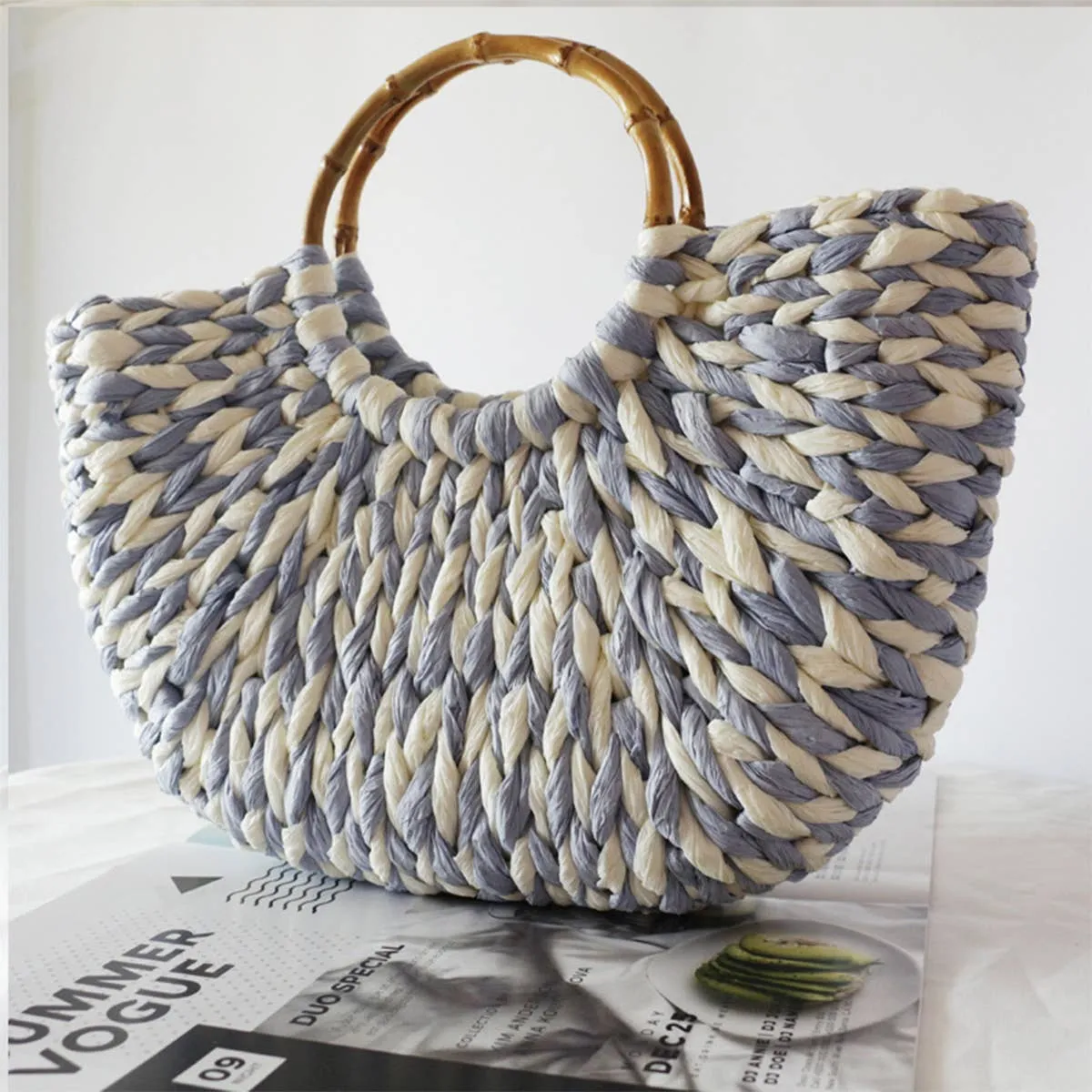 WOMENS SUMMER LARGE STRAW BEACH TOTE BAG_CWAB0815: BLUEWHITE / (OS) 1