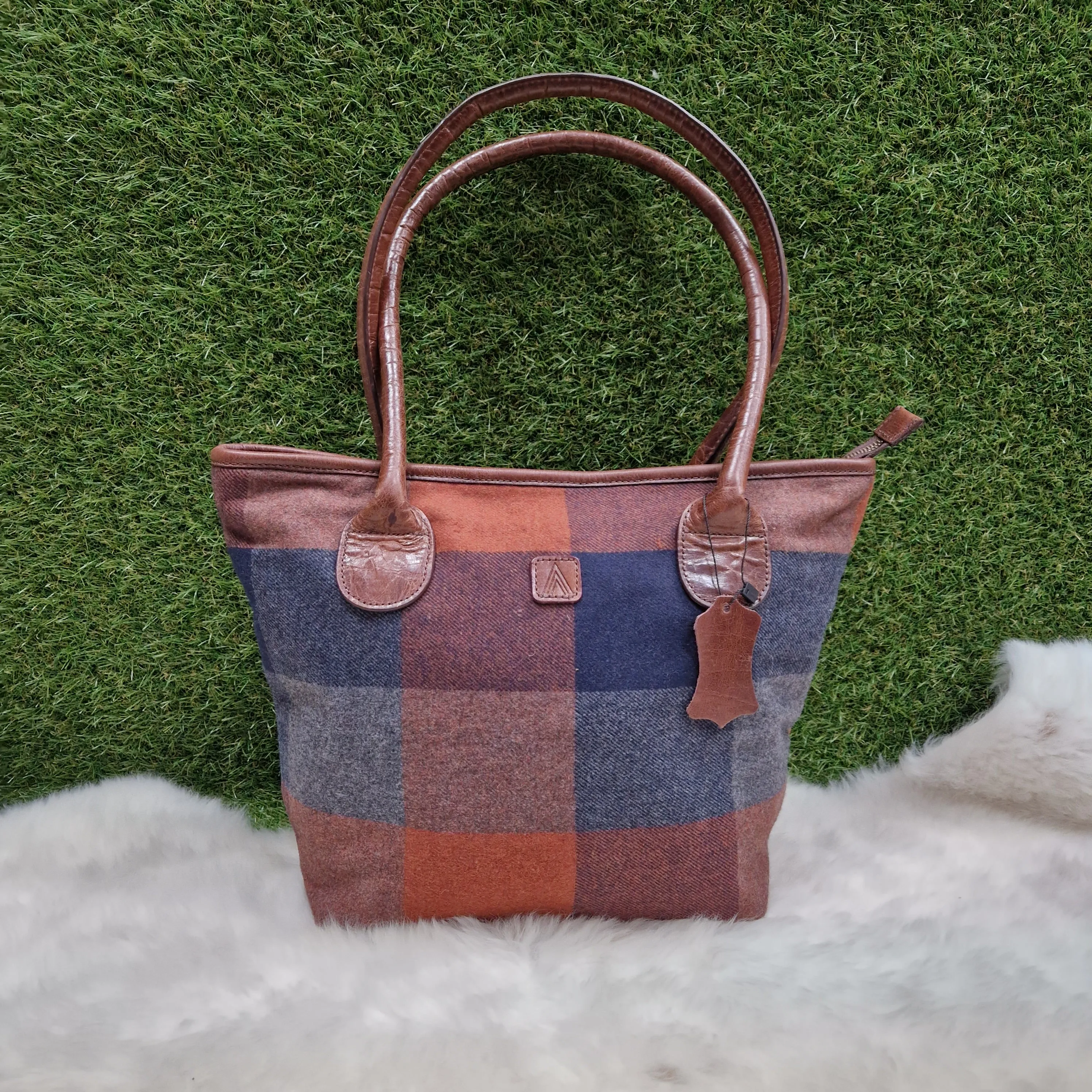 Wool Check & Leather Tote Handbag
