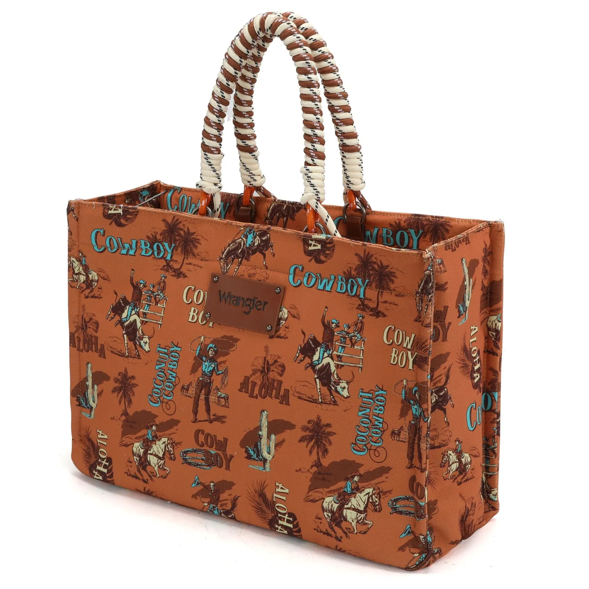 Wrangler COWBOY Dual Sided Print Canvas Wide Tote Dark Brown