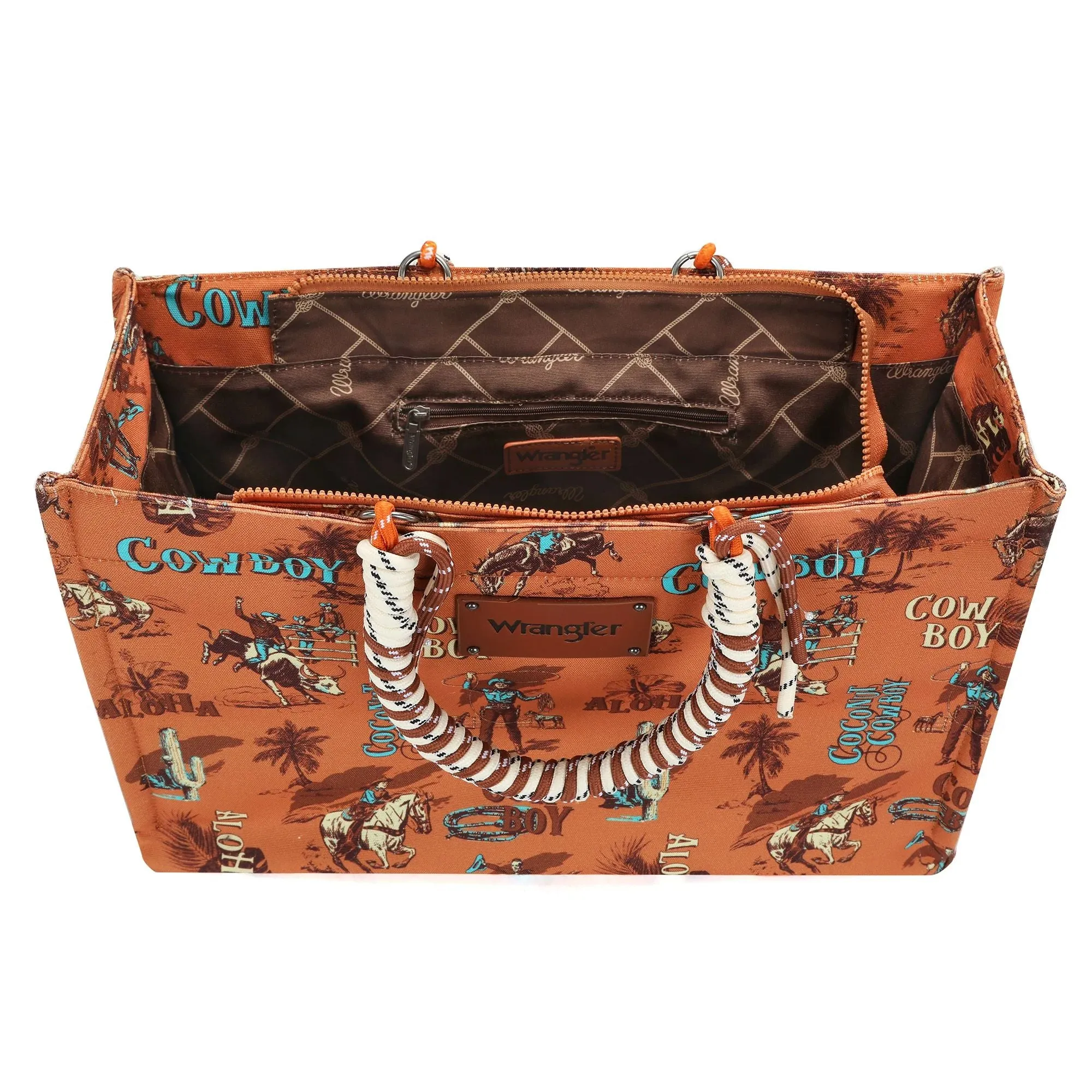 Wrangler COWBOY Dual Sided Print Canvas Wide Tote Dark Brown