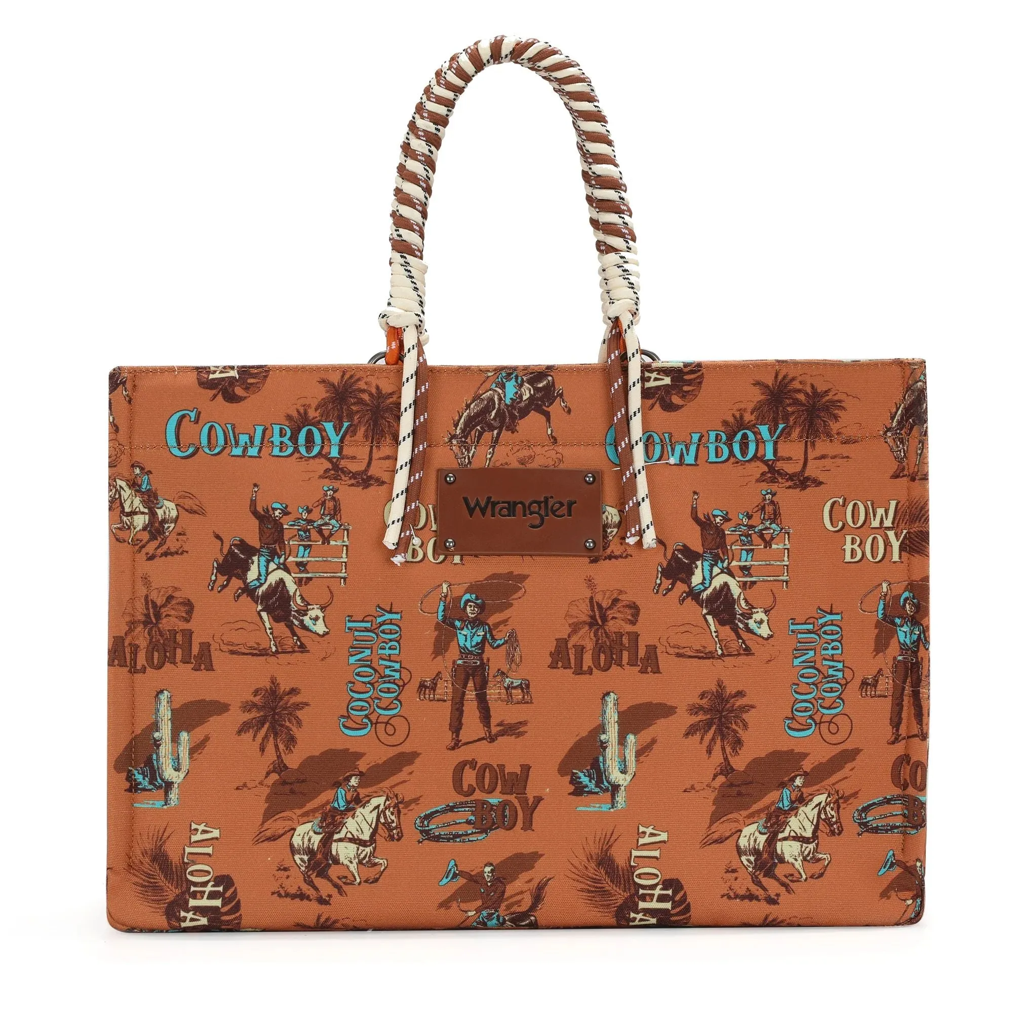 Wrangler COWBOY Dual Sided Print Canvas Wide Tote Dark Brown