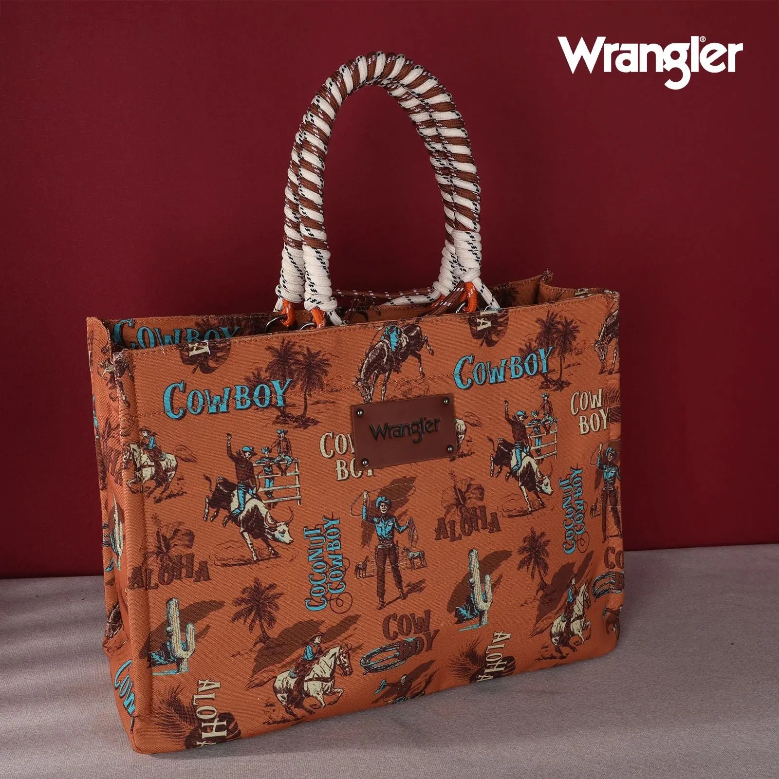 Wrangler COWBOY Dual Sided Print Canvas Wide Tote Dark Brown