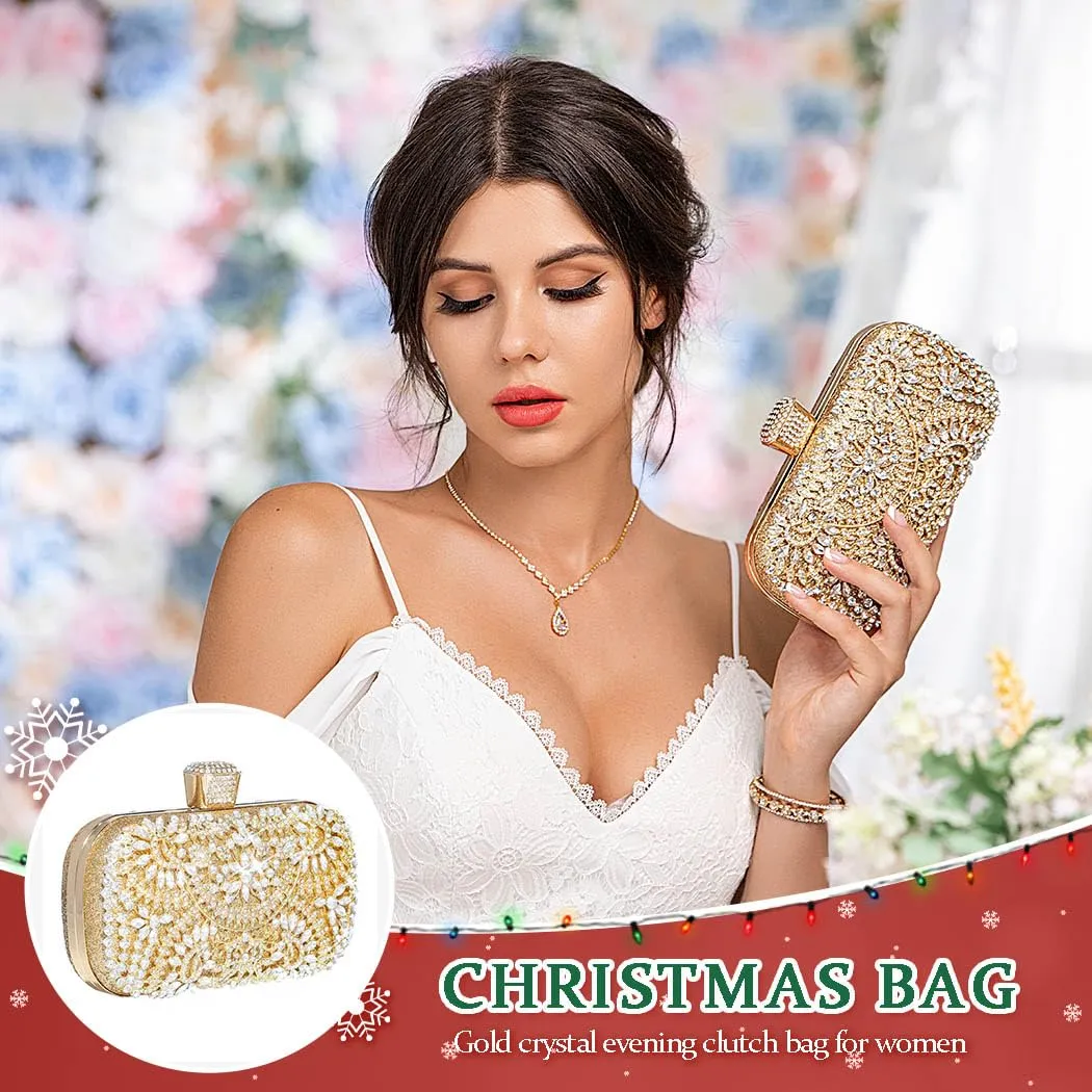 Yokawe Womens Crystal Evening Clutch Bag Christmas Bridal Wedding Purse Rhinestone Party Prom Handbag (Gold)