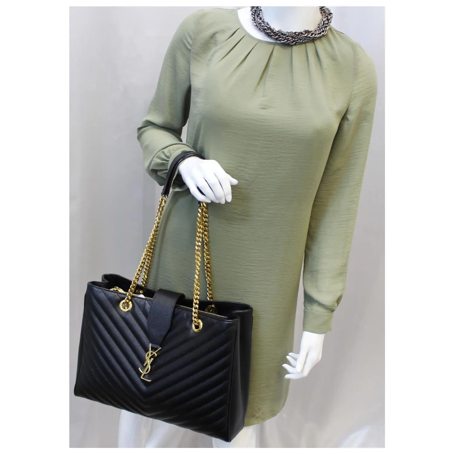 YVES SAINT LAURENT Matelasse Chevron Large Monogram Shopper Bag Black